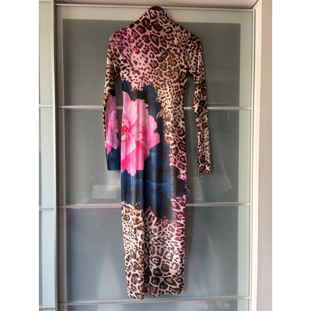 AFRM Shailene Mesh Dress Leopard Floral Print Long Sleeve Small Edgy Sheer Body - Picture 11 of 16